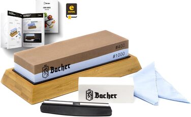 Преміум точильний камінь Bacher Schleifstein, двосторонній, зернистість 400/1000. Точило для ножів з бамбуковою підставкою, точильний камінь, допомога у заточуванні та детальна інструкція.