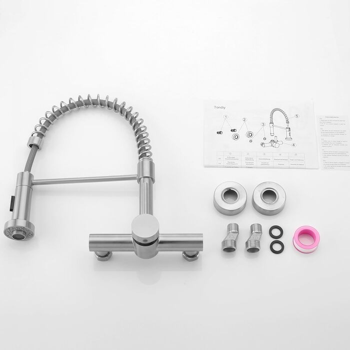 Змішувач кухонний настінний висувний з душем, поворотний 360°, з нержавіючої сталі, матовий, монтажне отвір 15 см