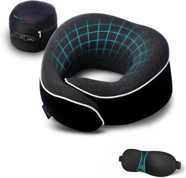 Proglobe Neck Pillow, Travel Pillow 100% Memory Foam, Orthopedic Neck Support, Ideal for Travel by Airplane, Car, Train, with 3D Sleep Mask, High-Quality Mesh Bag (Black)