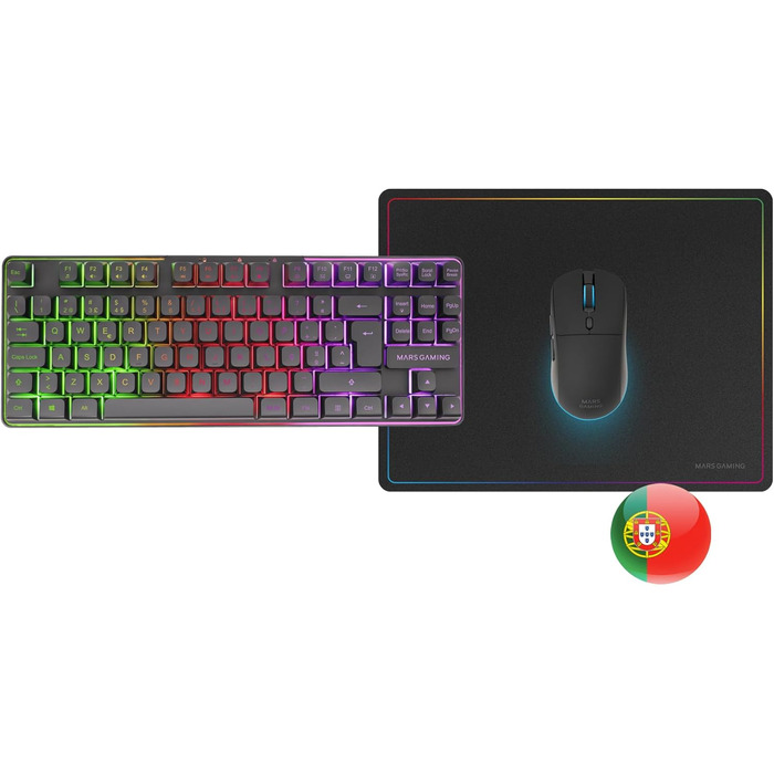 Mars Gaming MCPWTKL: Бездротове ігрове комбо TKL клавіатура + миша з RGB підсвічуванням, 3200DPI, HUANO-Switches, чорний, португальська мова