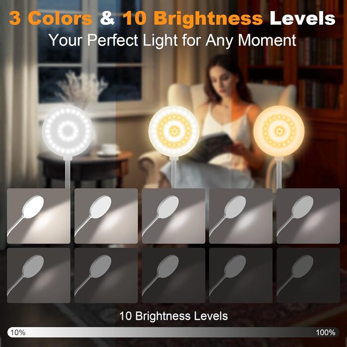 LED лампа для читання ZAPLIT з кріпленням на ліжко – 3 режими, 10 яскравостей, USB-C, гнучкий шийка 40 см, для спальні, робочого столу та кемпінгу, білий, діаметр 3,5 дюйма