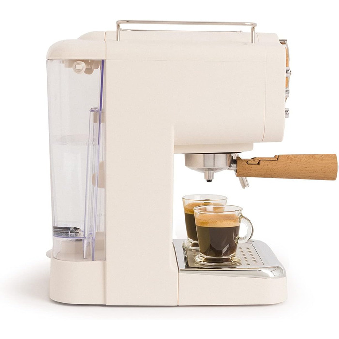 CREATE / THERA MATT RETRO/Espressomaschine Cremeweiß Matt und Holz/Semi-Automatic, with a 15 bar pump and 1100W, 1.25L water tank, for ground coffee, 55 mm. ESE-Pads