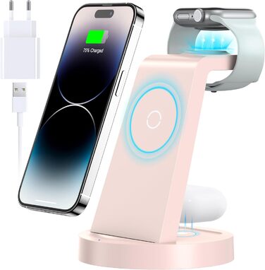 Зарядний станція 3 в 1 для iPhone: швидка бездротова зарядка для Apple iPhone 16, 15, 14, 13, 12, 11, X, Pro, Max та Apple Watch 10, 9, 8, 7, 6, SE, AirPods 4, 3, Pro з адаптером 18W (Рожевий)