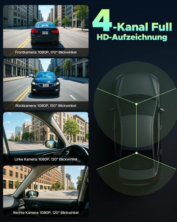 Відеореєстратор LAMTTO 360° з 4 камерами: передня, задня, внутрішня + паркувальний монітор. 5G WiFi, APP-керування, IR нічне бачення, комплект для підключення до акумулятора, SD-карта 128GB.