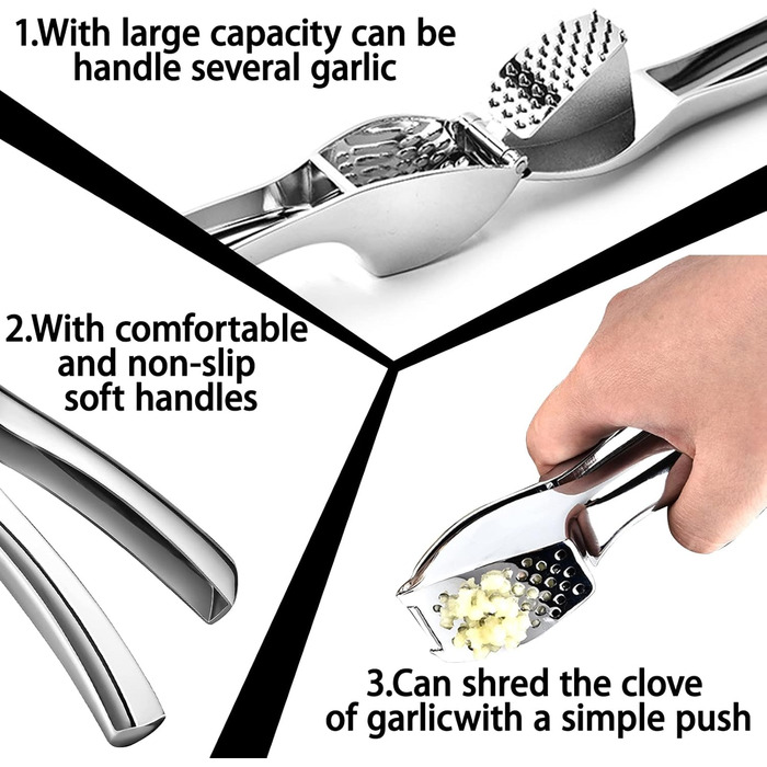 Прес для часнику з нержавіючої сталі, подрібнювач часнику та імбиру, преміум якість, легко миється, для кухні
