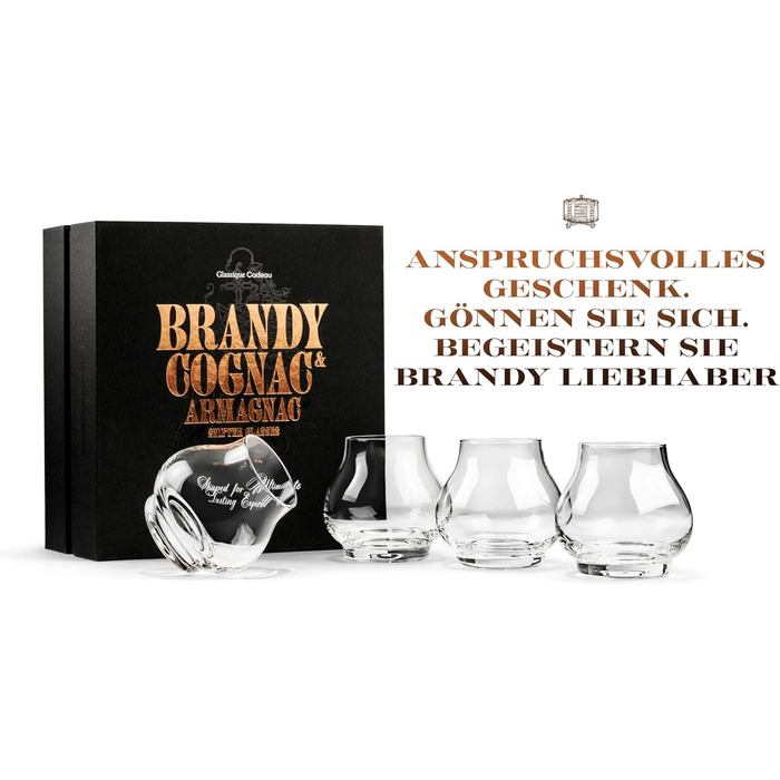 GLASSIQUE GIFT Set - Small 240 ml Brandy and Cognac Professional Tasting and Nosing Glasses | 4-Piece Set | Crystal Dishwasher-Safe Cognac Snifter Stemless | Cognac Glasses Gift Set