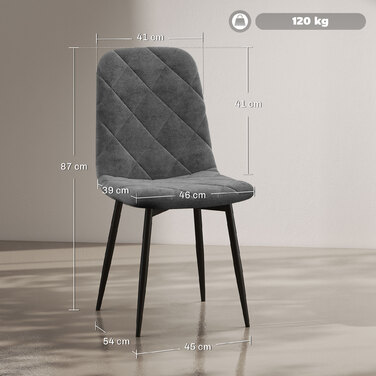 HOMCOM Dining Chairs, 4-Piece Set - Velvet-Look Kitchen Chairs with Backrest, Upholstered Chairs with Metal Legs, for Dining Table, Gray