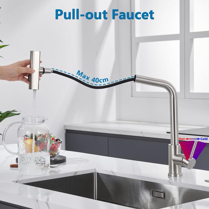 Чорний кухонний змішувач з висувною лійкою, водоспад, високий тиск, 3 режими, 360° поворот, нержавіюча сталь (нікель)