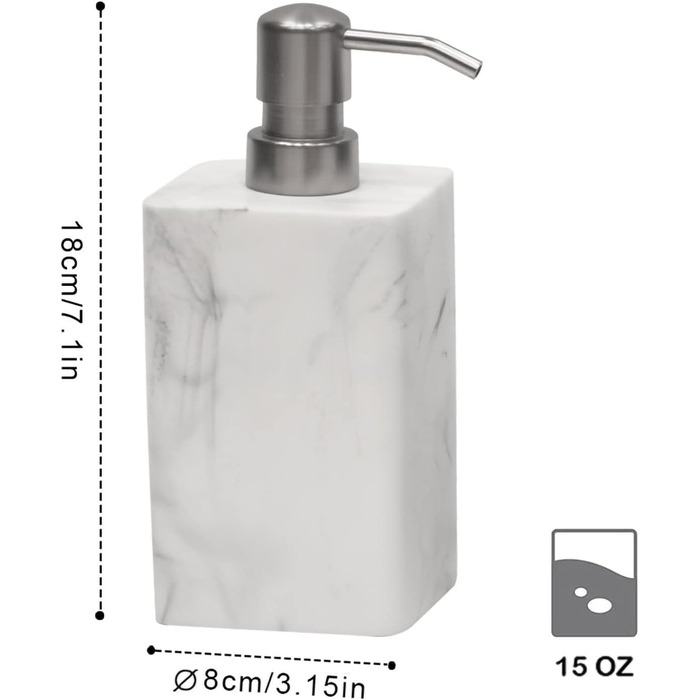 Дозатор для мила Suanti, 425 мл, з помпою з нержавіючої сталі, наповнюваний, квадратний, декоративний, для мила для рук, миття посуду та лосьйону, стиль мармур (білий та білий)
