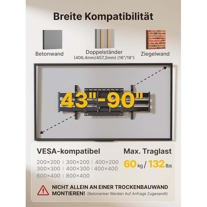 Кріплення для телевізора monTEK 1080mm для 43-90 дюймів (Flat/Curved), до 60 кг, поворотне та нахильне, VESA 800x400 mm