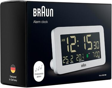 Braun Digital Alarm Clock with Date, Month, and Temperature Display, Negative LCD Display, Quick Set Function, and Gradual Alarm Sound in White, Model BC10W.