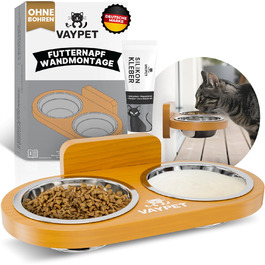 Підвищений годівниця для котів Doppel-Katzennapf з силіконовим клеєм для кріплення на стіну без свердління. Плавучий годівниця для котів, довговічна чаша з нержавіючої сталі (дуб)