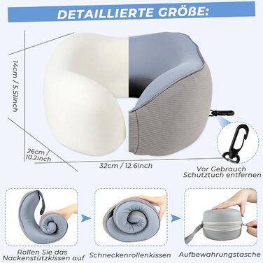 Travel Memory Foam Neck Pillow with Storage Box - Orthopedic Support for Airplane, Car, Train - Gray