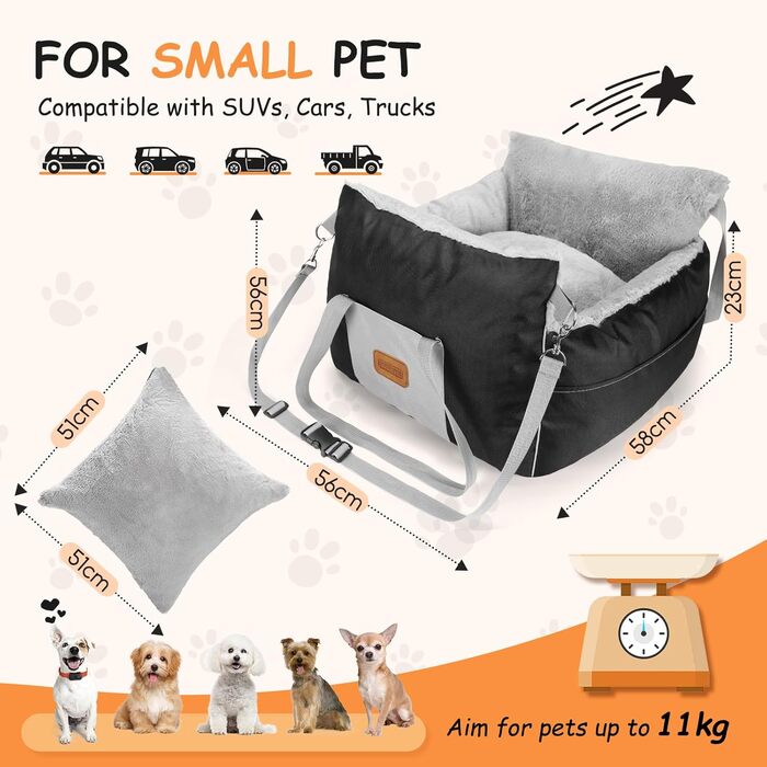 Автокрісло для собак Nobleza - зручне ліжко для маленьких собак з кишенями та змінним матрацом, 58x56x33 см (бавовна, плюш, пластик/метал)
