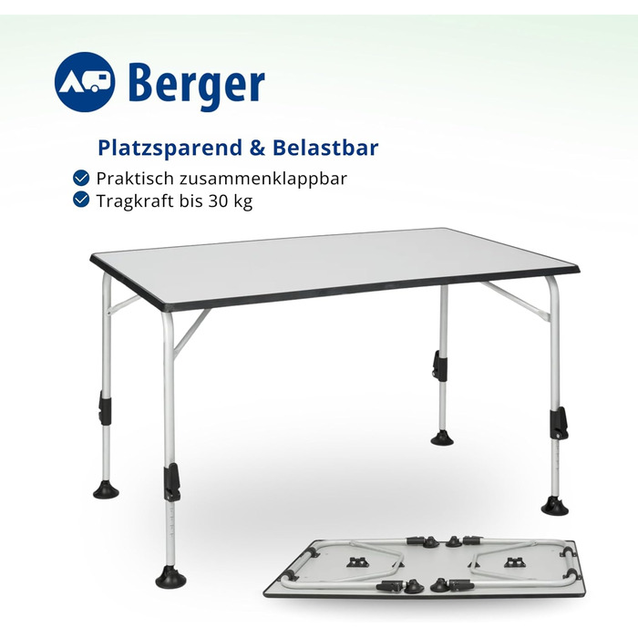 Стіл кемпінговий розкладний BERGER Ivalo 2, 115x70 см, алюмінієвий, регульована висота, для саду, балкону, тераси, сірий