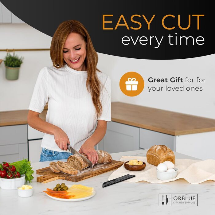 Ніж для хліба Orblue з нержавіючої сталі з хвилястим лезом - професійний кухонний ніж, ідеальний для хліба, багелів та випічки, чорний