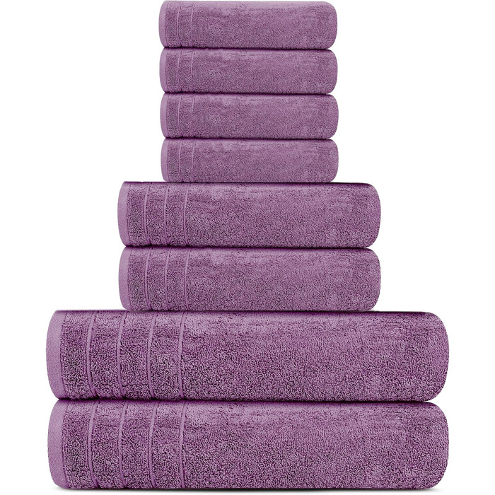 Набір махрових рушників Tens Towels з 100% бавовни, 8 предметів: 2 великі банні рушники, 2 рушники для рук та 4 серветки, гігроскопічні та швидкосохнучі, колір сливовий (фіолетовий)