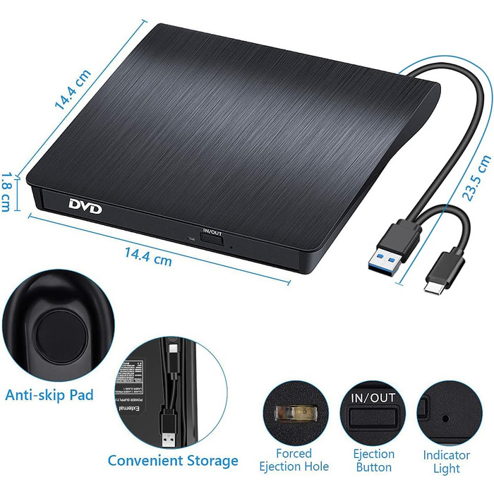 Зовнішній CD/DVD привід BEVA USB 3.0 Type-C, портативний DVD-записувач та зчитувач (DVD/CD-RW), Plug and Play для ноутбука та ПК (Windows, macOS, Linux)