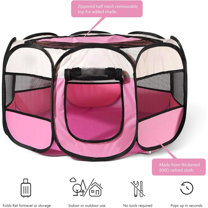 Клітка-загон для собак та котів 73x73x43 см, рожева, портативна, для внутрішнього та зовнішнього використання
