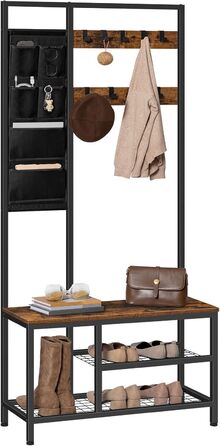HOOBRO Coat Rack, Wardrobe, Clothes Rack with 6 Pockets and 9 Hooks, Shoe Shelf with Seating, Bench, Ample Storage Space, for Entryway, Living Room, Vintage Brown-Black EBF24MT01
