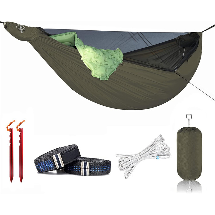 Onewind Premium 11' Camping Zippered Hammock, Single Portable Hammock with Mosquito Net and Tree Straps for Travel, Camping, Backpacking, and Hiking… (From Green Double Layer, 335cm*162cm)