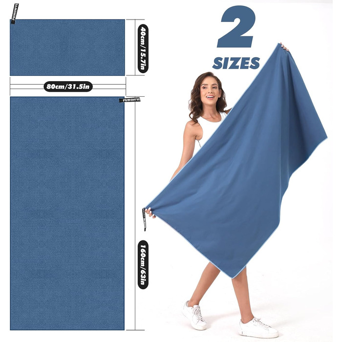 PUWOWYE Набір рушників з мікрофібри (2 шт.): великий 160x80 см + маленький 80x40 см, швидковисихаючі, для спорту, фітнесу, сауни, пляжу, подорожей та відпочинку на природі, блакитні