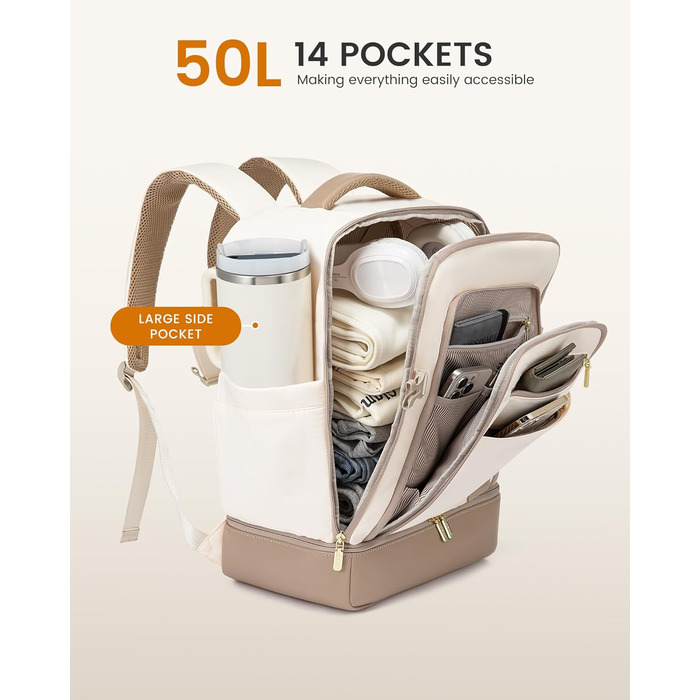 LOVEVOOK Рюкзак для ручної поклажі з окремим відділенням для взуття, 40L рюкзак для жінок, великий, з відділенням для мокрого та сухого, Travel Backpack, Carry On Luggage для подорожей, Бежевий, Зелений, 40L (3 шт.)