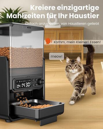 Автомат годівлі для котів з керуванням через додаток, для 2 котів, регульована висота, 2 миски, 5 л, з функцією запису голосу та таймером