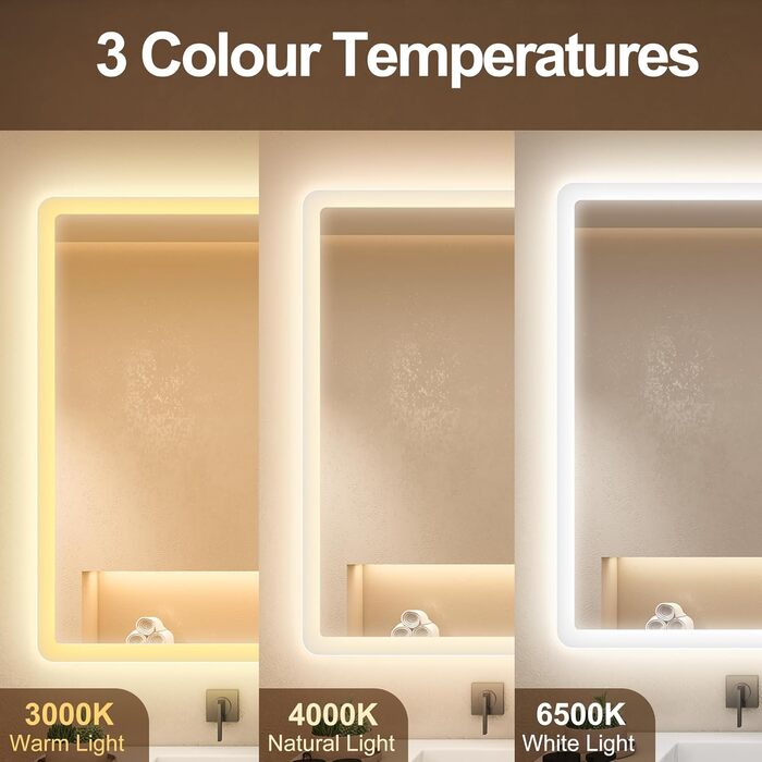 Дзеркало для ванної кімнати STARLEAD з підсвічуванням 100x70 см, Bluetooth, протитуманне покриття, регулювання яскравості, 3 кольори світла, функція пам'яті, IP44, LED, горизонтальне/вертикальне, HD скло, Madrid Silver (Bluetooth)