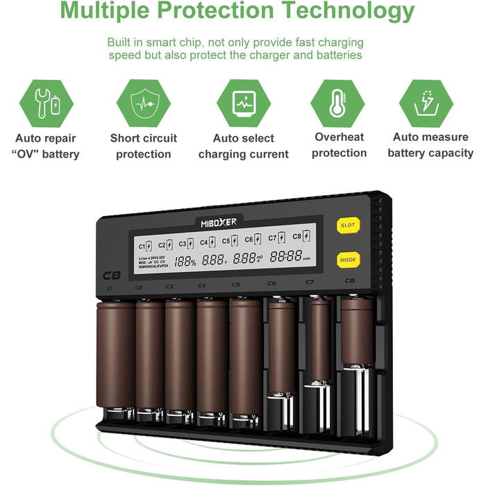Зарядний пристрій для акумуляторів AUKSKY з LCD-дисплеєм (8 слотів) - універсальний заряд для NI-MH, NI-Cd, AA, AAA, 14500, 18350, 21700, 26650, Li-Ion, LiFePO4, RCR123A, 1.5A