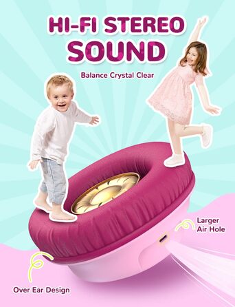 iClever Дитячі навушники Bluetooth з LED-підсвічуванням, обмеження гучності 74/85 дБ, 43 години роботи, стерео звук, Type-C, AUX-кабель, Bluetooth 5.3, для планшетів/подорожей, рожеві