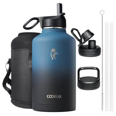 Термопляшка Coolflask 2л з соломинкою та 3 кришками, нержавіюча сталь, для спорту та офісу, Indigo Schwarz