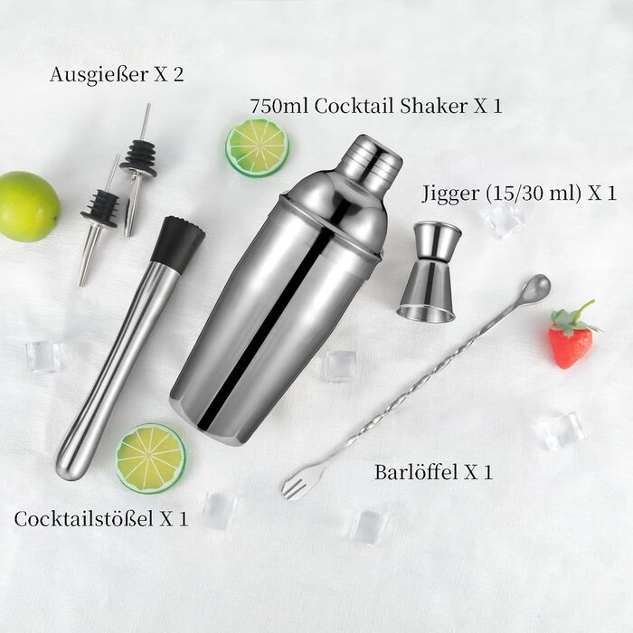 Набір для коктейлів 6 предметів з нержавіючої сталі, 750 мл, з рецептами - Барменський набір для дому, бару, вечірок