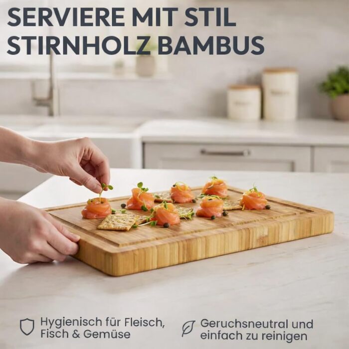 Розкриваюча дошка для нарізання з бамбуку, 100% органічний матеріал, 45 x 30 x 2 см, велика XL дошка – сертифікована FSC® антибактеріальна дошка з бамбуку для кухні (Gourmet Edition - Hirnholz Bambus, 38 x 27 x 3 см)