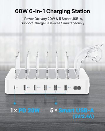 Зарядна станція SooPii USB 60W/12A, 6 портів з PD 20W для iPhone/Samsung, тримач для Apple Watch, 6 кабелів у комплекті - біла