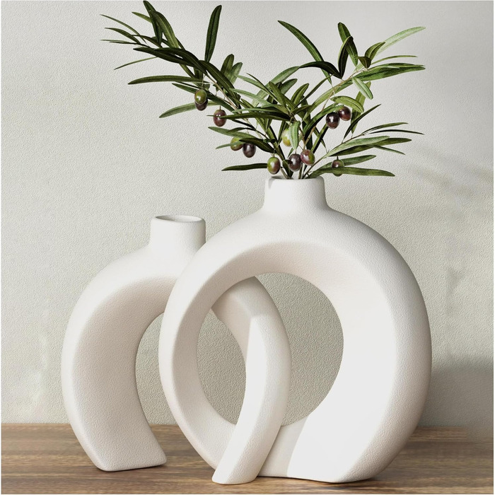White Ceramic Donut Vase Set for Pampas & Dried Flowers - Modern Boho Home Decor