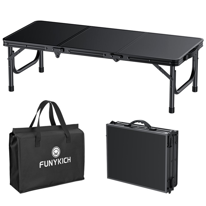 Складний кемпінговий стіл FUNYKICH 87x40x26 см, алюмінієвий, з MDF стільницею, чорний - для пікніка, пляжу, балкону