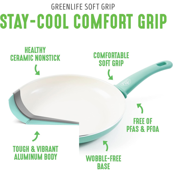 Набір керамічного посуду GreenLife Soft Grip 23 предмети, без ПФАС, антипригарний, для кухні, з кухонними аксесуарами, бірюзовий, можна мити в посудомийці
