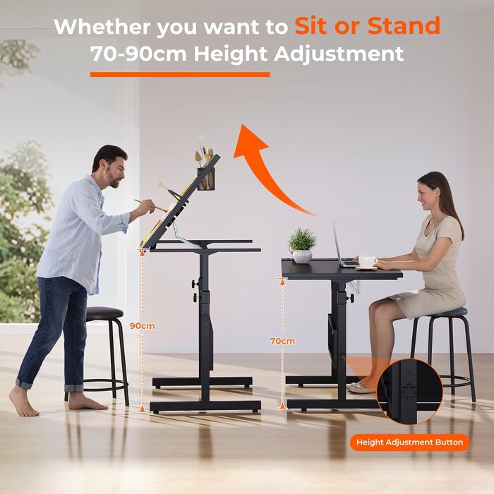 Adjustable Drafting Table with Tilting Surface (0-60°) - Height Adjustable Art Table with Stool and Storage for Home & Office - Black Wood Finish