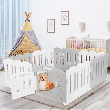 Летворешітка для цуценят Mamizо 60см, сталева та пластикова, з воротами та фіксаторами, для дому та на вулицю (7+1, сіро-біла)