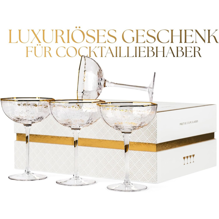 Набір з 4 склянок GLASSIQUE CADEAU Prestige для Еспресо Мартіні, дайкірі, коктейлів та шампанського. 150 мл, з золотим обідком, грановані, з довгим ніжкою.