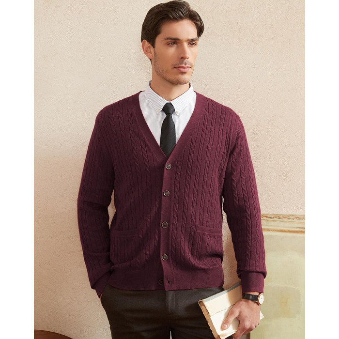 Чоловічий кардиган Kallspin з вовняної суміші, в'язаний з косами, з ґудзиками та кишенями, XL, Бордовий