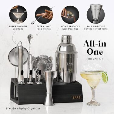 Bare Barrel Pro Cocktail Set - 14-Piece Boston Shaker Set with Stand & Recipe Cards - Bar Accessories - 24oz Cobbler Shaker (Jet Black, Silver, Black)