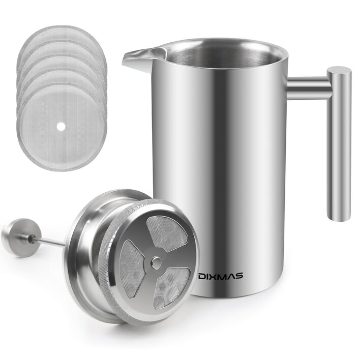 Френч-прес 1000 мл / 8 чашок, кавоварка з нержавіючої сталі, подвійні стінки, ізольована, з фільтром - 1 літр