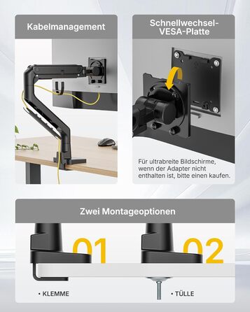 Кронштейн для монітора monTEK з газліфтом для екранів 17-57 дюймів, посилений настінний тримач до 27 кг, VESA 75/100 мм, з USB-портами (чорний)