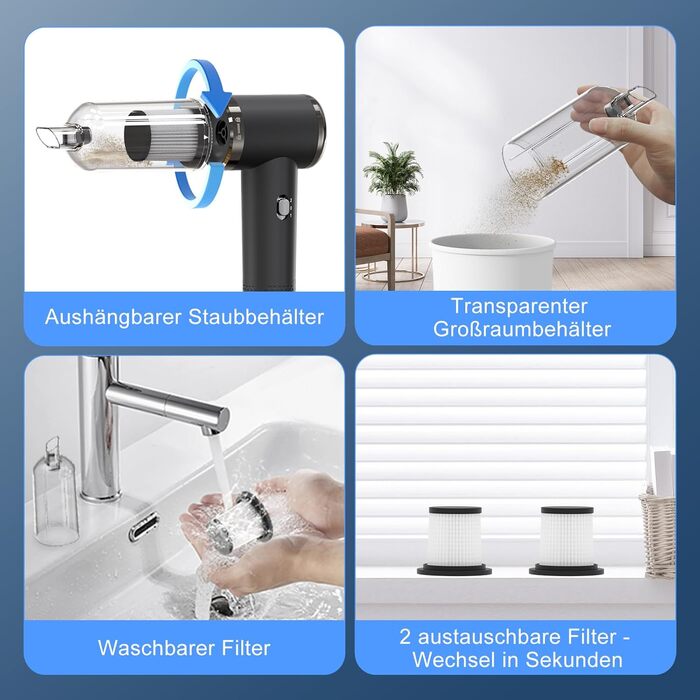 Бездротовий акумуляторний пилосос Handstaubsauger: потужний 12000Pa для дому та авто, 3-в-1 з USB-зарядкою, 5200mAh, видалення шерсті тварин, 2 режими, миючий фільтр та аксесуари