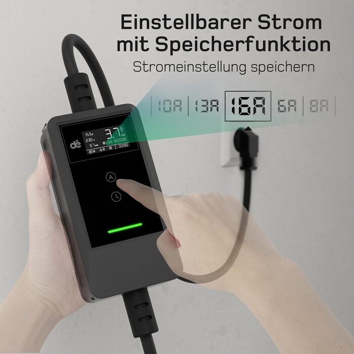 Кабель для зарядки електромобіля Type 2 Schuko 3,7kW (6-16A, 1-фазний) з LCD-дисплеєм, 5,5м, чорний