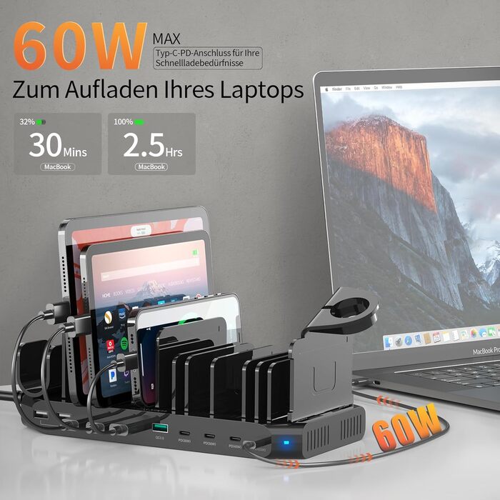 Зарядний пристрій Alxum 60W USB, 10 портів, 5V/2.4A, для телефонів, планшетів, Kindle, з регульованими перегородками, швидка зарядка QC 3.0, чорний