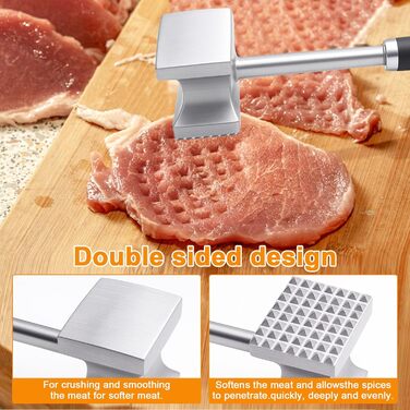 Дружил Фляйшхаммер 27 см з нержавіючої сталі - двосторонній молоток для м'яса з плоскою та зубчастою поверхнею, професійний кухонний молоток для шніцелів, стейків, котлет, яловичини, курки (стійкий до корозії та гігієнічний)