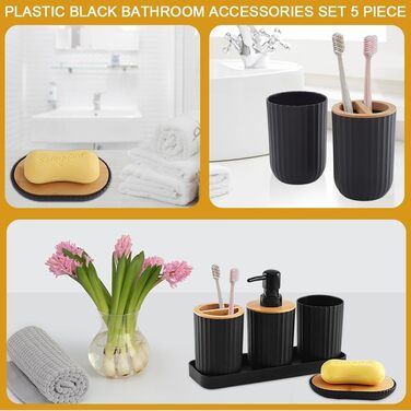 Чорний набір аксесуарів для ванної кімнати (5 шт.): мильниця, стакан, дозатор мила, тримач для зубних щіток, пластик